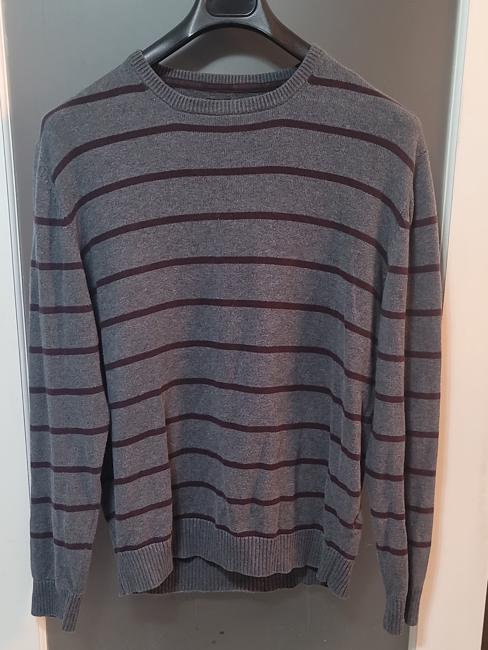 Haggar Grey Crewneck Sweater with Dark Maroon Stripes